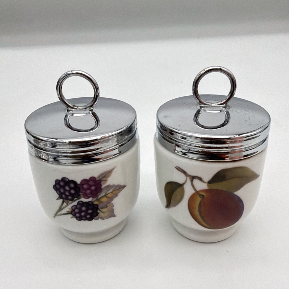 Royal Worcester Evesham Gold Egg Coddlers Porcelain Fruit Motif Lids